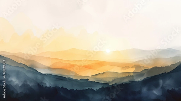 Fototapeta Watercolor painting of mountains and shining sunlight.