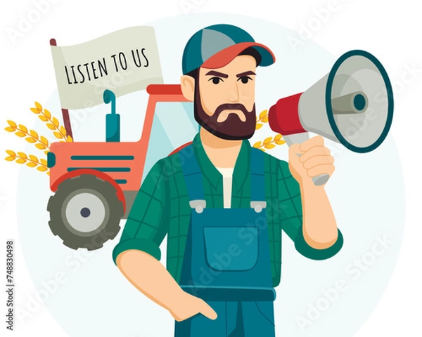 Obraz Farmer protest with placard and loudspeaker. Demonstration concept