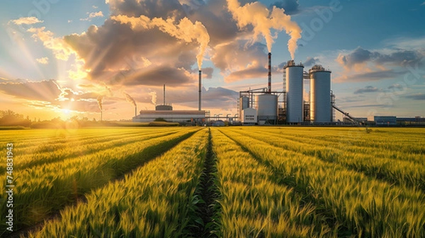 Fototapeta sulfer smoke cloud of pollution from coal power plant air environmental destruction. panorama view on agro silos granary elevator on agro-processing manufacturing plant for processing drying cleaning.