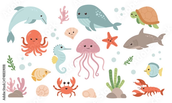 Fototapeta Sea creatures set isolated on white background. Sea animals and fishes. Marine elements. Cute flat style.