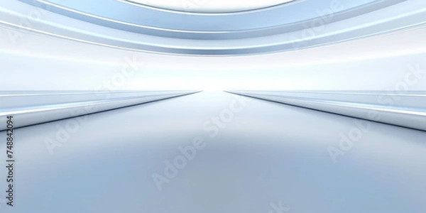 Fototapeta Empty space inside futuristic room, showroom, spaceship, hall or studio in perspective. Include ceiling, hidden light, white floor and abstract shape. Modern interior background of future, technology.
