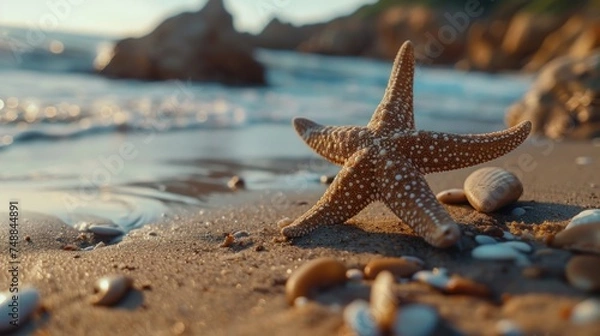 Fototapeta beautiful starfish on the sand on the beach close up,