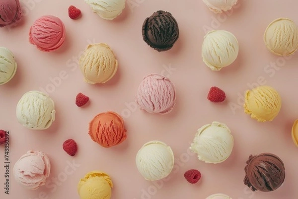 Fototapeta Artistic top view photograph showcasing a delightful assortment of refreshing ice creams, with generous copy space for your branding.