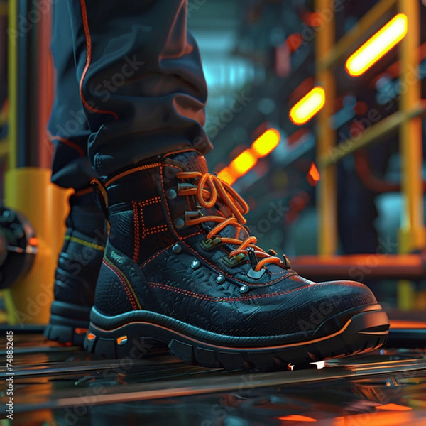 Fototapeta Craft a 3D scene showcasing safety shoes designed for global industrial workers focusing on ergonomic features illuminated by balanced ambient lighting