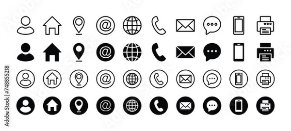 Fototapeta Business card contact information icon set. Containing name, address, location, mail, email, E-mail, chat speech bubble, website, telephone, cell phone, fax for app and website. Vector illustration