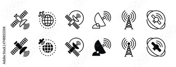 Fototapeta Wireless satellite technology icon set. Containing telecom, antenna or signal receiving tower, satellite dish, space satellite for telecommunication. Vector illustration