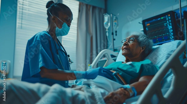 Obraz A compassionate healthcare scene depicting a nurse attending a patient in a critical care unit, emphasizing the importance of medical professionals