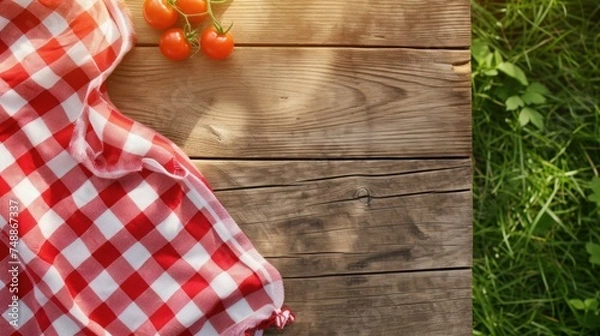 Obraz Sunlit Vintage Red Checkered Picnic Tablecloth on Wooden Table with Tomatoes and Grass Texture Background with Copy Space. Top View, From Above