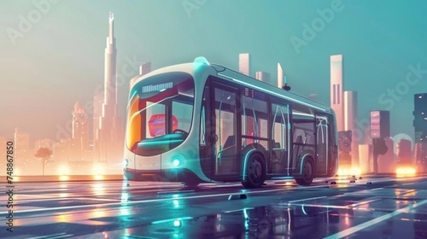 Fototapeta Futuristic Autonomous Bus Illuminated with LED Lights Navigating Through a Rainy City Night