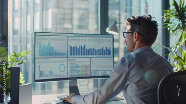 Obraz Side view of a business professional working on his computer analyzing data charts and reports in an office environment