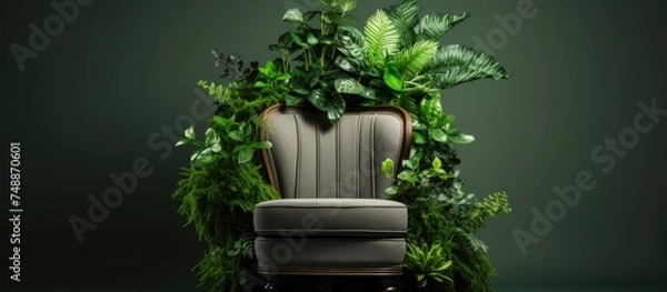 Fototapeta A chair indoors with a vibrant green plant growing out of its seat, showcasing the unexpected beauty of nature intertwining with man-made objects.