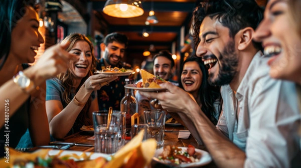 Obraz A lively scene of young friends sharing food and laughing around a restaurant table