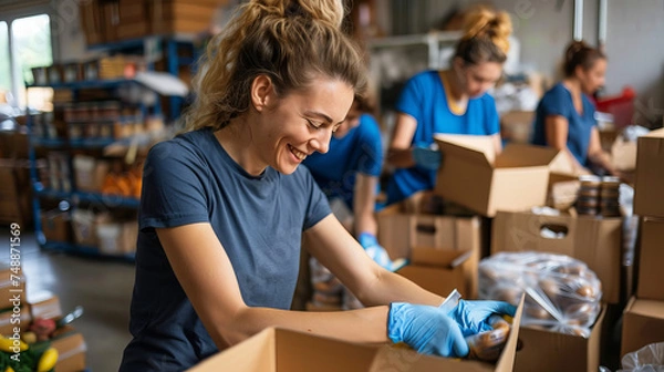 Obraz A dedicated volunteer organizes boxes of food donations in a warehouse preparing for distribution