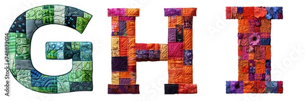 Fototapeta Quilted Patch Letters G, H, I Isolated on Transparent or White Background, PNG