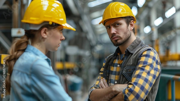 Obraz A male and a female worker in a tense moment, showing a disagreement or a challenge at a construction site