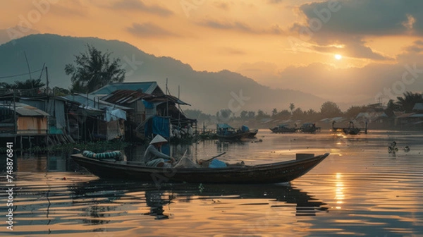 Obraz A calm sunset settling over a picturesque river village with a local in a boat immersed in reflections