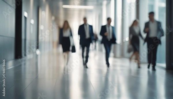 Fototapeta businesspeople walking in the corridor of an business center, pronounced motion blur
