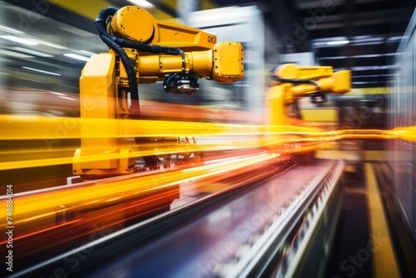 Obraz Industrial robot arms working on assembly line in factory.