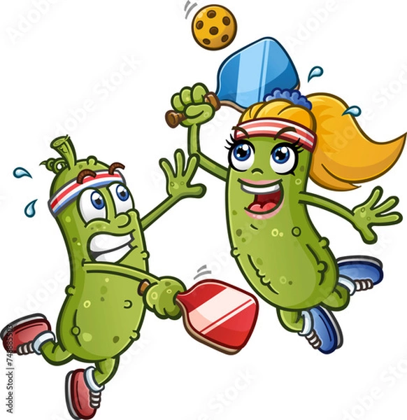 Obraz Two Pickle cartoon women participating in an intense pickleball match on the court and leaping into the air and wearing sweat bands and sneakers
