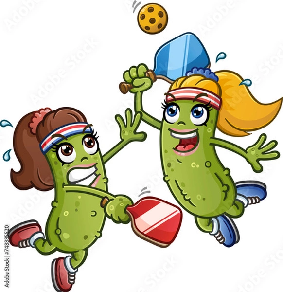 Obraz Two Pickle cartoon women participating in an intense pickleball match on the court and leaping into the air and wearing sweat bands and sneakers