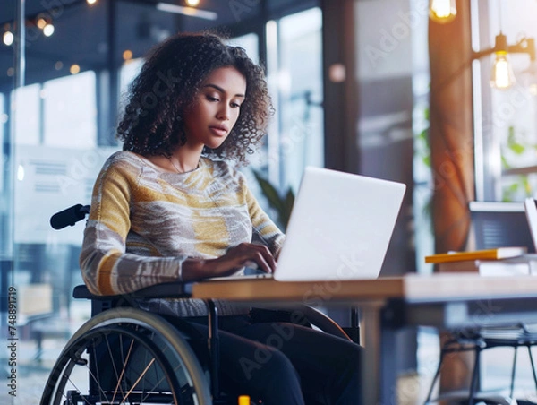 Fototapeta A person with a motor disability working in an inclusive workplace