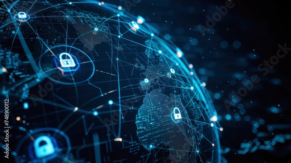 Fototapeta A globe adorned with digital connections such as luminous lines or dots and a padlock emblem illustrating the concept of global data security and the expansive reach of cybersecurity