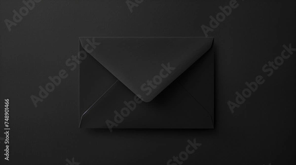 Fototapeta top view of black envelope on black background, 3d render illustration