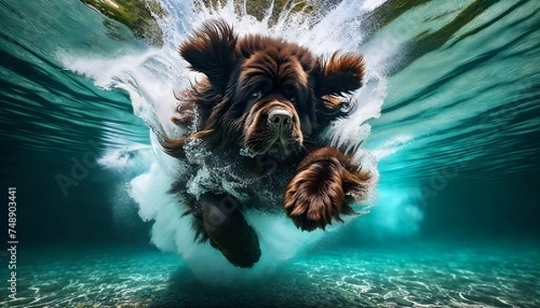 Fototapeta Newfoundland Dog plunging into water. Generative AI.