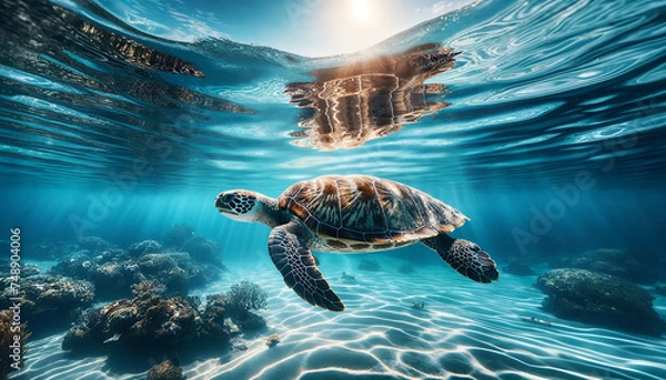 Fototapeta A turtle in clear sea water. Generative AI.