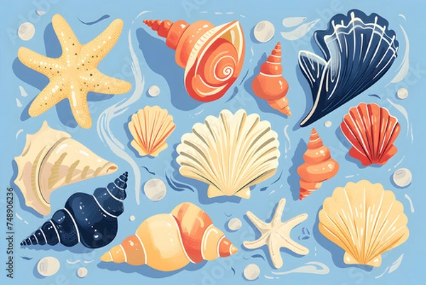 Fototapeta Various types of sea shells and starfish on an azure background