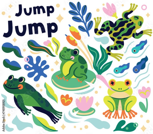 Fototapeta Jump jump. Collection of vibrant cartoon frogs and tadpoles characters are jumping and swimming in the pond