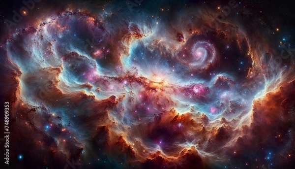 Fototapeta Panorama of nebulae and galaxies in space. Generative AI.