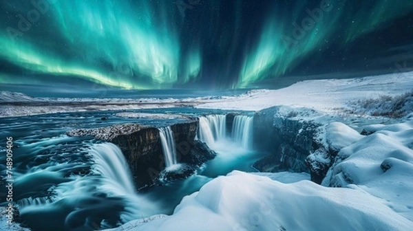 Fototapeta The Northern Lights over a snowy Icelandic waterfall. Generative Ai.