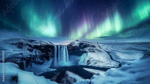 Fototapeta The Northern Lights over a snowy Icelandic waterfall. Generative Ai.