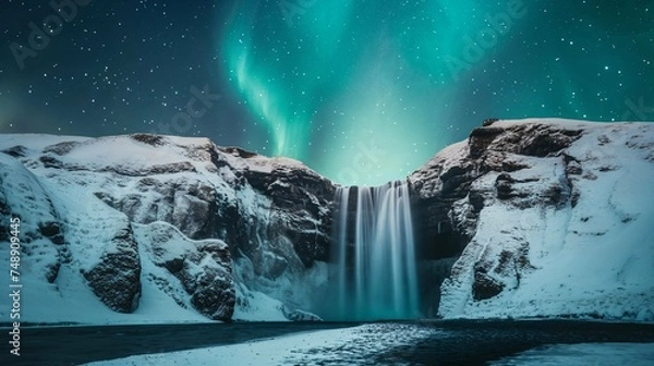Fototapeta The Northern Lights over a snowy Icelandic waterfall. Generative Ai.
