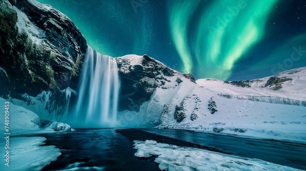 Fototapeta The Northern Lights over a snowy Icelandic waterfall. Generative Ai.