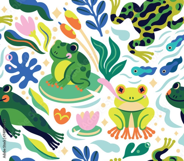 Fototapeta Vibrant cartoon frogs and tadpoles characters are jumping and swimming in the pond, seamless pattern