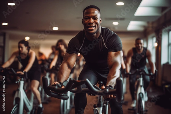 Fototapeta Portrait of a happy man doing stationary bicycle exercises with a group of people. Generative AI 