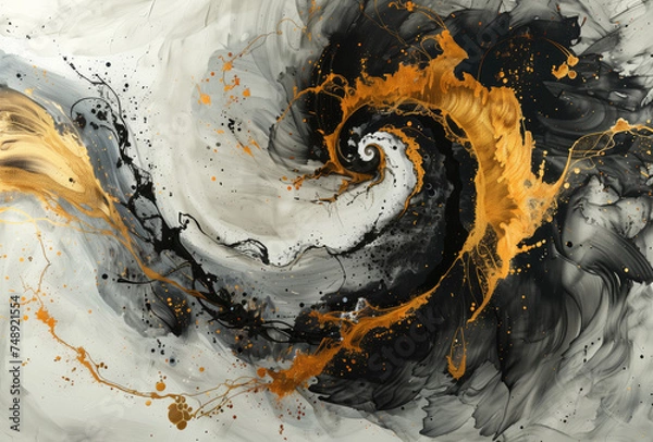 Fototapeta Splashes of bright paint on the canvas.Spiral. Seashell. Gold, black and gray colors. Interior painting. Beautiful background. Generative AI.