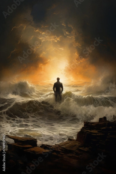 Fototapeta Solitary man facing away enveloped by the fury of crashing waves embodying resilience amidst lifes tumult