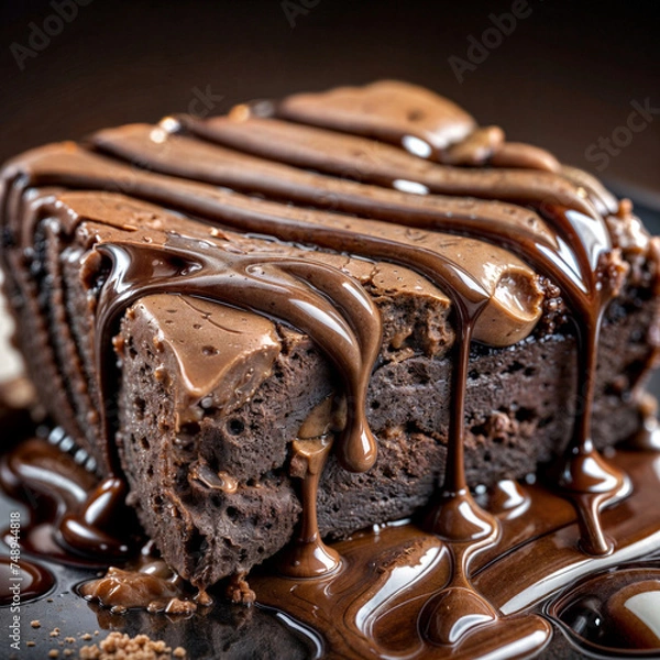 Obraz Chocolate Brownie cake with melted chocolate