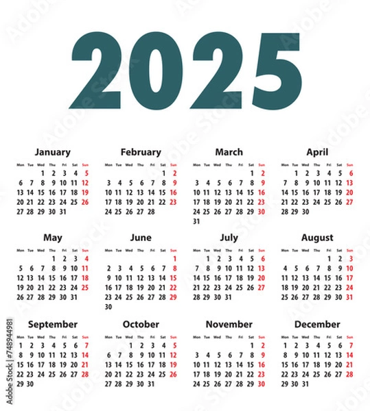 Fototapeta English Calendar grid bold digits for 2025. Best for calendar print, business, web design, office needs and presentations. Mondays first. Vector illustration