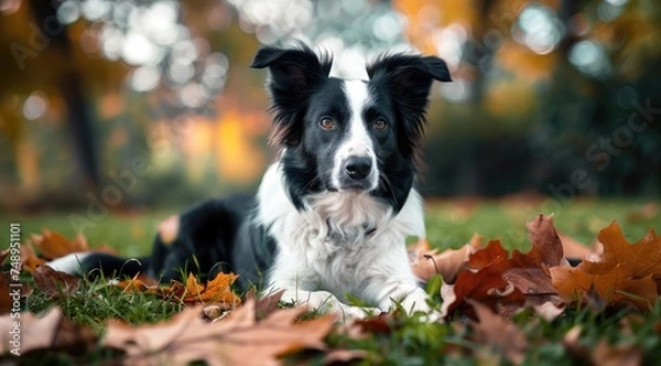 Obraz Intimate Autumn Moment with a Soulful Black and White Dog - Generative AI