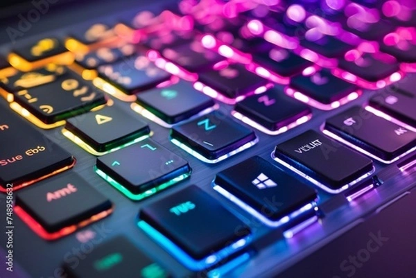 Fototapeta Working on a neon computer keyboard with colored backlighting. Computer video games, hacking, technology, internet concept. Selected focus.