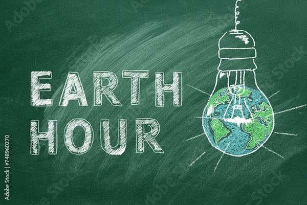 Fototapeta Light bulbs with lettering EARTH HOUR hand drawn in chalk on a school greenboard. Save the World. Save our planet.