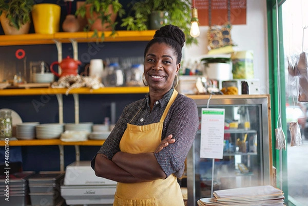 Fototapeta Confident African American cafe or bistro owner standing with arms crossed, embodying entrepreneurship and small business spirit.

