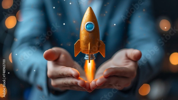 Fototapeta Ignition in der Handfläche: Ein symbolischer Raketenstart ins Unendliche