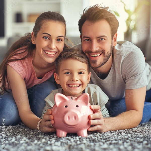 Fototapeta Happy family saving for the future with a piggy bank. Ideal for financial planning websites, family budgeting guides, or banking advertisements.
