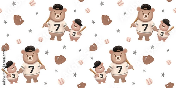 Fototapeta baseball Seamless pattern Sport game father and son bears baseball players textile design baseball glove pattern father's day digital paper softball baseball bat print cute pattern with bears