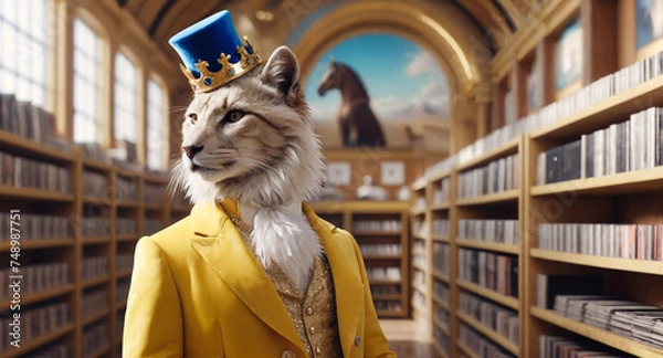 Obraz AI generated fantasy portrait of a cheetah with a yellow suit and a crown inside a library. 